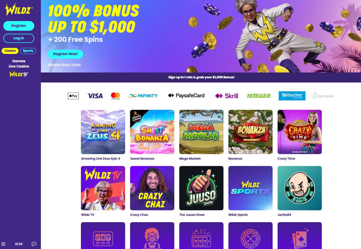 Wildz homepage showing the welcome bonus of 100% up to $1,000 + 200 FS